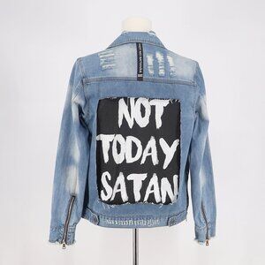 NATIVE SUPPLY HGA Not Today Satan Blue Distressed Denim Jacket Unisex Size S